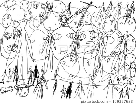 [Transparent Background] A monochrome line drawing intricately overlapping with many faces and full-body figures of people. 139357688