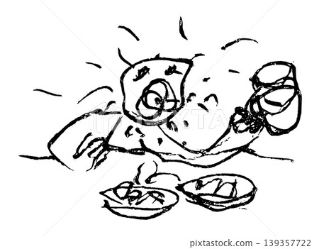 [Transparent Background] Monochrome line drawing of a person heartily eating a meal while chatting, with a beer mug in one hand. 139357722