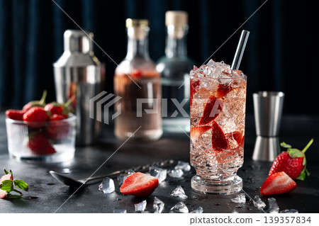 cocktail bar shaker bottles ingredients mixology 139357834