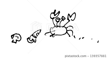A monochrome line drawing illustration of a crab and two seashells, drawn like a doodle with a pen. 139357881