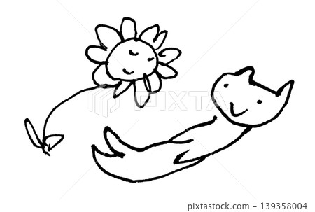 A simple monochrome pen-and-ink illustration featuring a smiling flower and a smiling cat lying on its back. A simple monochrome pen-and-ink illustration featuring a smiling flower and a smiling cat lying on its back. 139358004