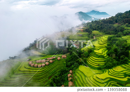 Lush green rice field terrace with tropical resort in foggy morning at countryside Lush green rice field terrace with tropical resort in foggy morning at countryside 139358088
