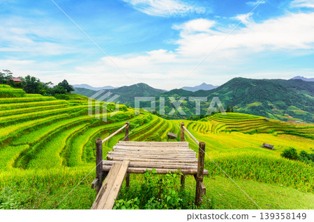 Lush rice field terraces with wooden patio in countryside on sunny day at Vietnam Lush rice field terraces with wooden patio in countryside on sunny day at Vietnam 139358149