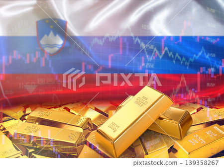 Gold bars on Slovenian flag in background. Gold bars stacked on Slovenian flag. Concept of Slovenia gold reserves 139358267