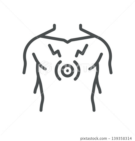 Chest tightness thin line icon for chest pain, angina and heart attack symptoms. Editable stroke. Vector illustration. Chest tightness thin line icon for chest pain, angina and heart attack symptoms. Editable stroke. Vector illustration. 139358314