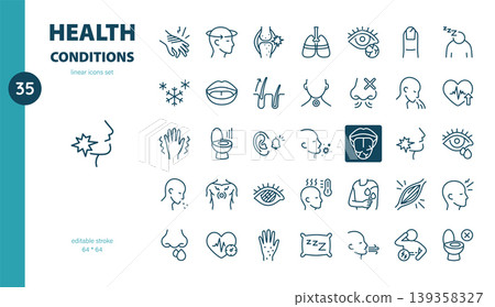 Simple Set of Health Conditions Related Vector Line Icons. Contains such Icons as Headache, Fever, Cough, Rash, Insomnia and more. Editable Stroke. Pixel Perfect Vector Illustrat. 139358327