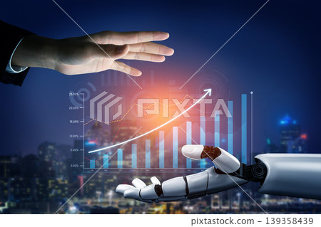 Futuristic Collaboration Between Human Hand and Robotic Hand Representing Technology, Business, Growth, and Innovation with Cityscape Background Scalp Futuristic Collaboration Between Human Hand and Robotic Hand Representing Technology, Business, Growth, and Innovation with Cityscape Background Scalp 139358439