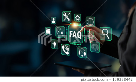 Digital Interface Representing Frequently Asked Questions with Modern Icons and Touchpoint Gesture for User Interaction in a Dark Background Fluxor Digital Interface Representing Frequently Asked Questions with Modern Icons and Touchpoint Gesture for User Interaction in a Dark Background Fluxor 139358442