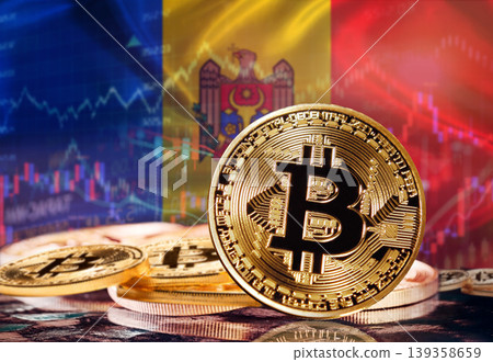Bitcoin with Moldovan flag in the background. Investors in cryptocurrency and Blockchain Technology in Moldova, Concept Bitcoin with Moldovan flag in the background. Investors in cryptocurrency and Blockchain Technology in Moldova, Concept 139358659
