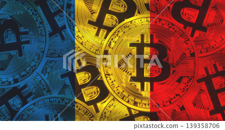 Romanian flag with Bitcoins in the background. Investors in cryptocurrency and Blockchain Technology in Romania Romanian flag with Bitcoins in the background. Investors in cryptocurrency and Blockchain Technology in Romania 139358706