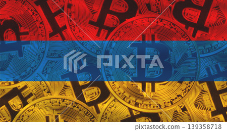 Armenian flag with Bitcoins in the background. Investors in cryptocurrency and Blockchain Technology in Armenia Armenian flag with Bitcoins in the background. Investors in cryptocurrency and Blockchain Technology in Armenia 139358718