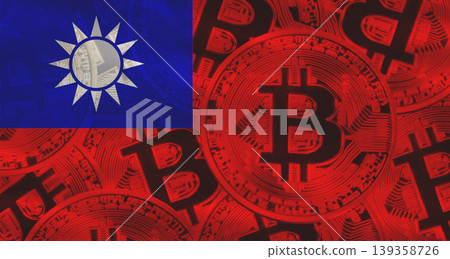 Taiwan flag with Bitcoins in the background. Investors in cryptocurrency and Blockchain Technology in Taiwan 139358726