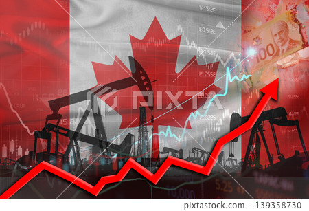 Oil production with Canadian flag, petrol industry. Oil pumps with Canada flag Oil production with Canadian flag, petrol industry. Oil pumps with Canada flag 139358730