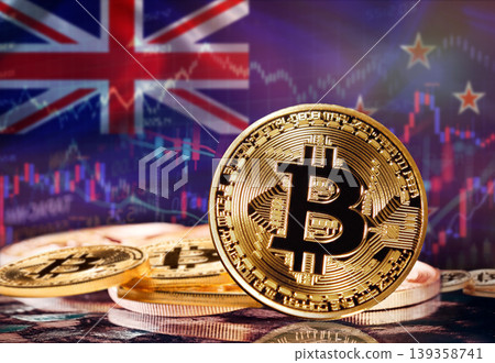 Bitcoin with New Zealand flag in the background. Investors in cryptocurrency and Blockchain Technology in New Zealand, Concept Bitcoin with New Zealand flag in the background. Investors in cryptocurrency and Blockchain Technology in New Zealand, Concept 139358741