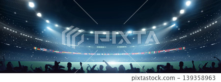 Football stadium with national flags at night with cheerful atmosphere. Football stadium with national flags at night with cheerful atmosphere. 139358963