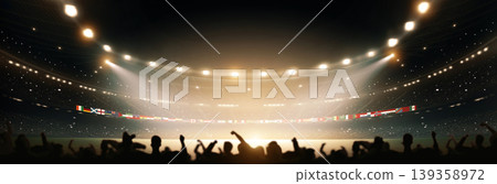 Football stadium with national flags at night with cheerful atmosphere. Football stadium with national flags at night with cheerful atmosphere. 139358972