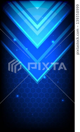 Abstract high tech background featuring glowing chevrons, neon lights and a digital hexagon grid 139358999
