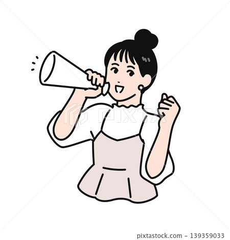 A simple vector illustration of a young woman with her hair tied up, holding a megaphone and cheering. A simple vector illustration of a young woman with her hair tied up, holding a megaphone and cheering. 139359033