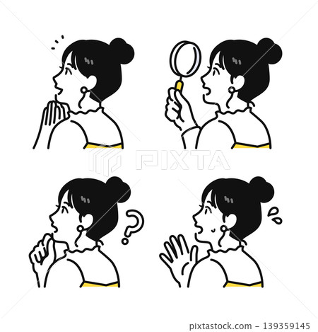 A set of illustrations of a young woman with her hair tied up, showing her profile, back view, and side view. A set of illustrations of a young woman with her hair tied up, showing her profile, back view, and side view. 139359145