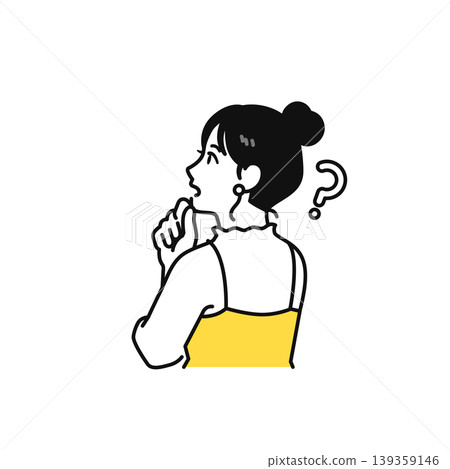 Illustration of a young woman with her hair tied up, seen from behind, thinking. 139359146