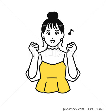Illustration of a young woman with her hair tied up making a victory pose. 139359360