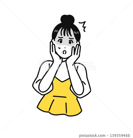 Illustration of a young woman with her hair tied up looking shocked. Illustration of a young woman with her hair tied up looking shocked. 139359488