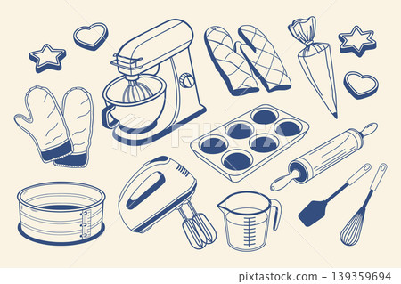 Baking Tools and Utensils Elements Collection. Hand drawn blue illustrations. Baking Tools and Utensils Elements Collection. Hand drawn blue illustrations. 139359694