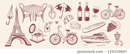 Hand drawn Paris doodle set with Eiffel tower, French cafe elements, wine, croissant, retro bicycle. Romantic travel symbols for travel posters. Sketch. Hand drawn Paris doodle set with Eiffel tower, French cafe elements, wine, croissant, retro bicycle. Romantic travel symbols for travel posters. Sketch. 139359697