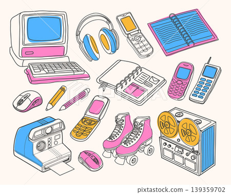 Retro 2000s technology elements collection with old desktop computer printer keyboard reel-to-reel tape recorder and flip phone. Retro 2000s technology elements collection with old desktop computer printer keyboard reel-to-reel tape recorder and flip phone. 139359702
