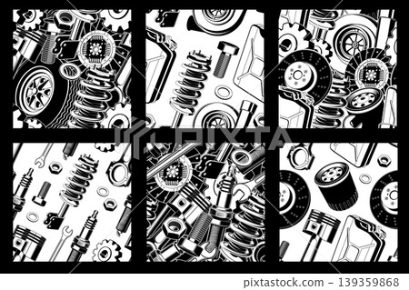 Set of auto service seamless pattern or background. Vector. For expert service car repair center, restoration and car club with wrench, gears, spark plug, skull, automobile tools pistons silhouette Set of auto service seamless pattern or background. Vector. For expert service car repair center, restoration and car club with wrench, gears, spark plug, skull, automobile tools pistons silhouette 139359868
