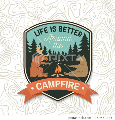 Campfire patch vector badge with bear and moose roasting marshmallow outdoor adventure embroidered style camping emblem for t shirt print sticker isolated background Campfire patch vector badge with bear and moose roasting marshmallow outdoor adventure embroidered style camping emblem for t shirt print sticker isolated background 139359873