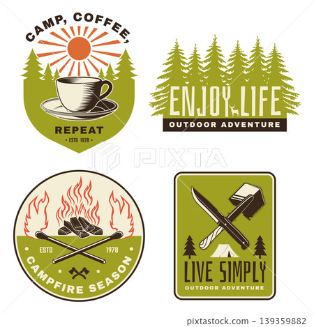 Camping badge and sticker set vector collection with camp coffee campfire knife and outdoor adventure designs vintage emblem pack for t shirt print decal isolated background 139359882