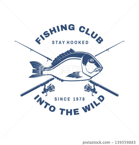 Fishing club badge vector illustration with bass fish and crossed rods stay hooked slogan vintage angler emblem for t shirt print sticker isolated background Fishing club badge vector illustration with bass fish and crossed rods stay hooked slogan vintage angler emblem for t shirt print sticker isolated background 139359883