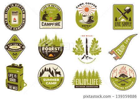 Camping badges and stickers bundle vector collection with outdoor adventure designs campfire forest coffee knife backpack and summer camp emblems for t shirt print decal set isolated background Camping badges and stickers bundle vector collection with outdoor adventure designs campfire forest coffee knife backpack and summer camp emblems for t shirt print decal set isolated background 139359886