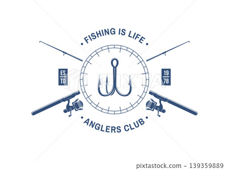 Fishing badge vector illustration with hook and crossed rods anglers club emblem vintage outdoor adventure design for t shirt print sticker isolated background Fishing badge vector illustration with hook and crossed rods anglers club emblem vintage outdoor adventure design for t shirt print sticker isolated background 139359889
