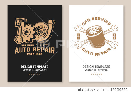 Auto repair poster set with piston gear and turbocharger with oil filter and wrenches vector automotive design for car service garage workshop print t shirt template isolated background Auto repair poster set with piston gear and turbocharger with oil filter and wrenches vector automotive design for car service garage workshop print t shirt template isolated background 139359891