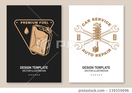 Auto repair poster set with fuel can and suspension shock absorber with crossed wrenches vector automotive design for car service garage workshop print t shirt template isolated background 139359896