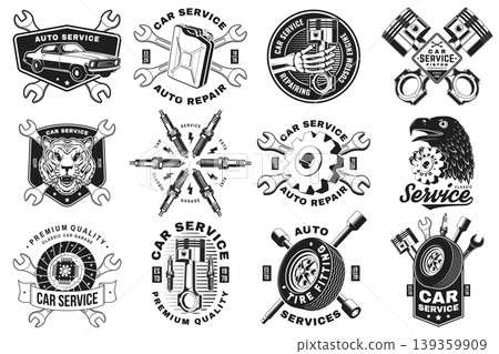 Car service emblem set vector collection with engine piston gear wheel tire tools and automotive symbols vintage garage badges for mechanic workshop t shirt print sticker isolated background Car service emblem set vector collection with engine piston gear wheel tire tools and automotive symbols vintage garage badges for mechanic workshop t shirt print sticker isolated background 139359909