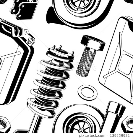 Seamless automotive pattern with suspension shock absorber springs bolts and car parts vector repeating background for textile fabric wrapping paper wallpaper Seamless automotive pattern with suspension shock absorber springs bolts and car parts vector repeating background for textile fabric wrapping paper wallpaper 139359921