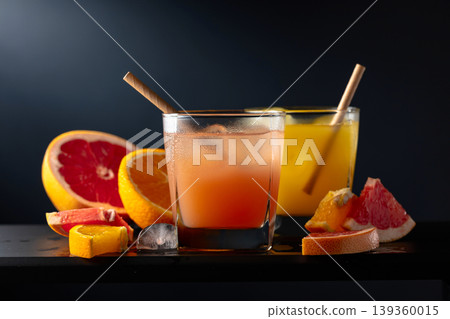 Glasses of grapefruit and orange juice with ice on a black background. Glasses of grapefruit and orange juice with ice on a black background. 139360015