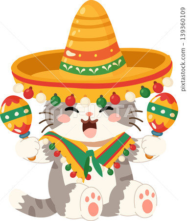 Cute gray cat cartoon wearing sombrero with maracas for cinco de mayo celebration Cute gray cat cartoon wearing sombrero with maracas for cinco de mayo celebration 139360109