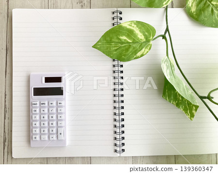 Lifestyle and household budgeting; a plain white open notebook, a calculator, and a houseplant on a bright wood-grain desk. Lifestyle and household budgeting; a plain white open notebook, a calculator, and a houseplant on a bright wood-grain desk. 139360347