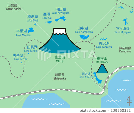 富士山週邊地區地圖(綠色區域為陸地,包含湖泊和山峰名稱) 富士山週邊地區地圖(綠色區域為陸地,包含湖泊和山峰名稱) 139360351