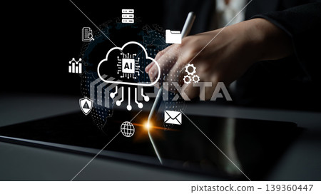 Hand using digital pen on tablet screen with cloud computing icons overlay representing data analysis, technology, innovation and modern business solutions Cyphers. 139360447