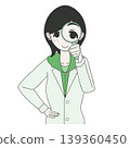 A female researcher in a white coat observes and investigates using a magnifying glass. 139360450