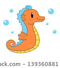 Cute Cartoon Seahorse with Bubbles in Bright Orange Color on White Background 139360881