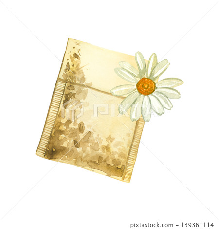 A bag of herbal tea with an image of a chamomile flower. Everything is hand-painted in watercolor. Illustration of a natural medicinal infusion for healthy lifestyle design and packaging printing. A bag of herbal tea with an image of a chamomile flower. Everything is hand-painted in watercolor. Illustration of a natural medicinal infusion for healthy lifestyle design and packaging printing. 139361114