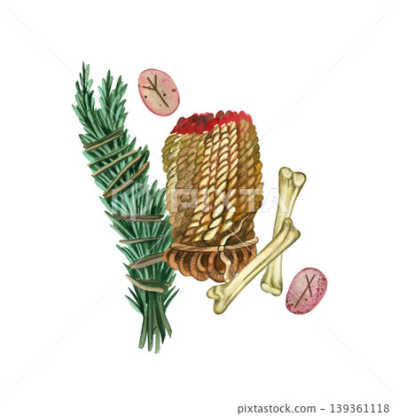 Watercolor illustration: a bunch of herbs with a rustic candle, bones and ancient stone runes. Everything is hand-painted in watercolor. An esoteric set for the design of mystical rituals, divination. Watercolor illustration: a bunch of herbs with a rustic candle, bones and ancient stone runes. Everything is hand-painted in watercolor. An esoteric set for the design of mystical rituals, divination. 139361118