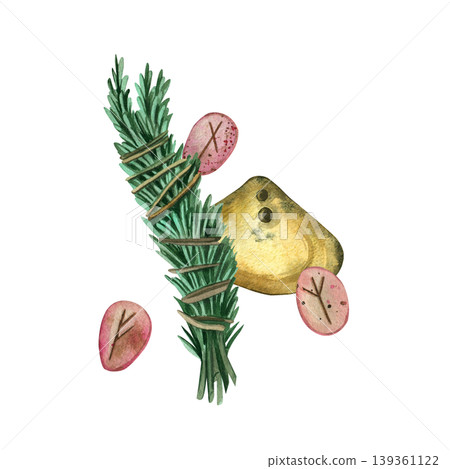 Watercolor illustration depicting a bunch of rosemary grass and stone runes for divination. Elements of a mystical ritual with ancient symbols for predicting fate. For printing on maps and fabrics. 139361122