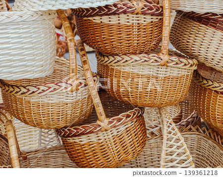 Set of handmade wicker baskets at city fair Set of handmade wicker baskets at city fair 139361218